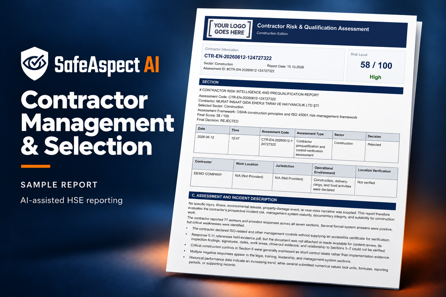 SafeAspect AI Contractor Prequalification sample report preview