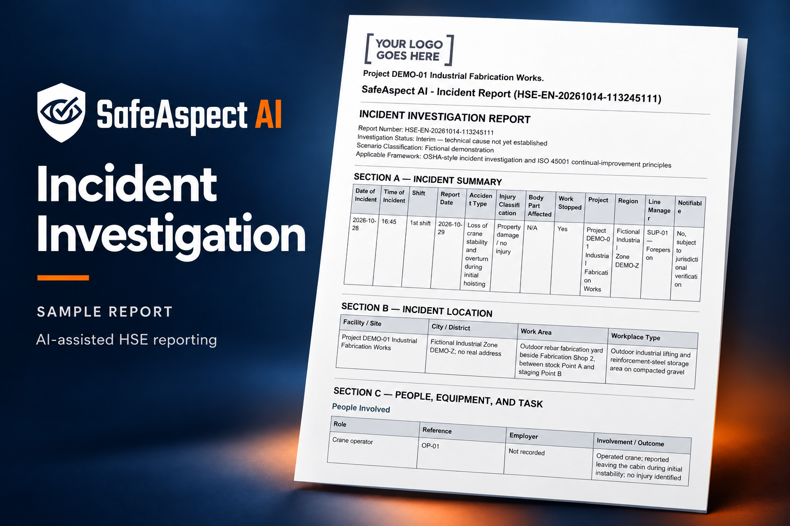 SafeAspect AI Incident Investigation sample report preview