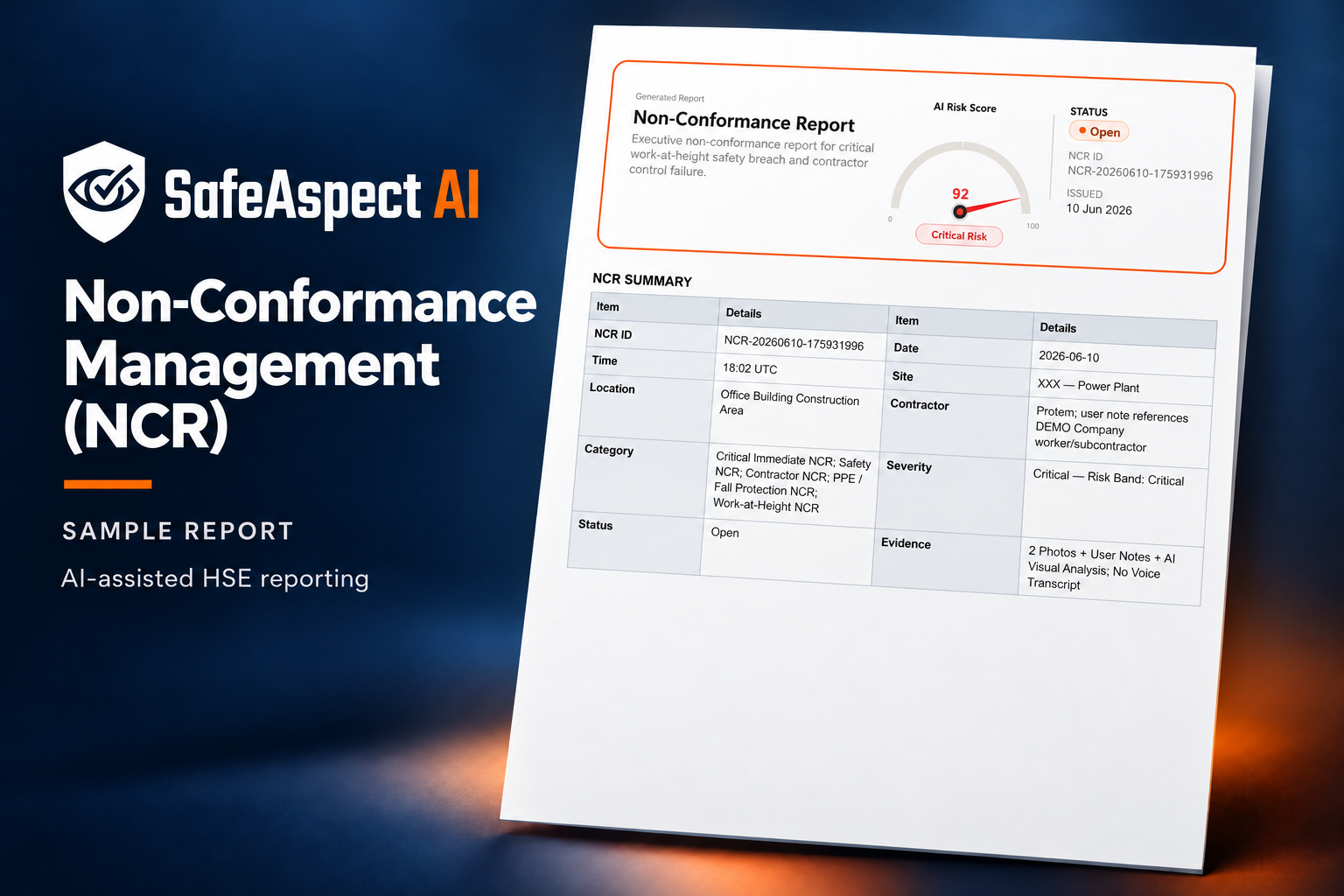 SafeAspect AI Non-Conformance (NCR) sample report preview