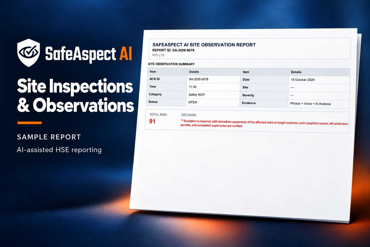 SafeAspect AI Site Inspections and Observations sample report preview