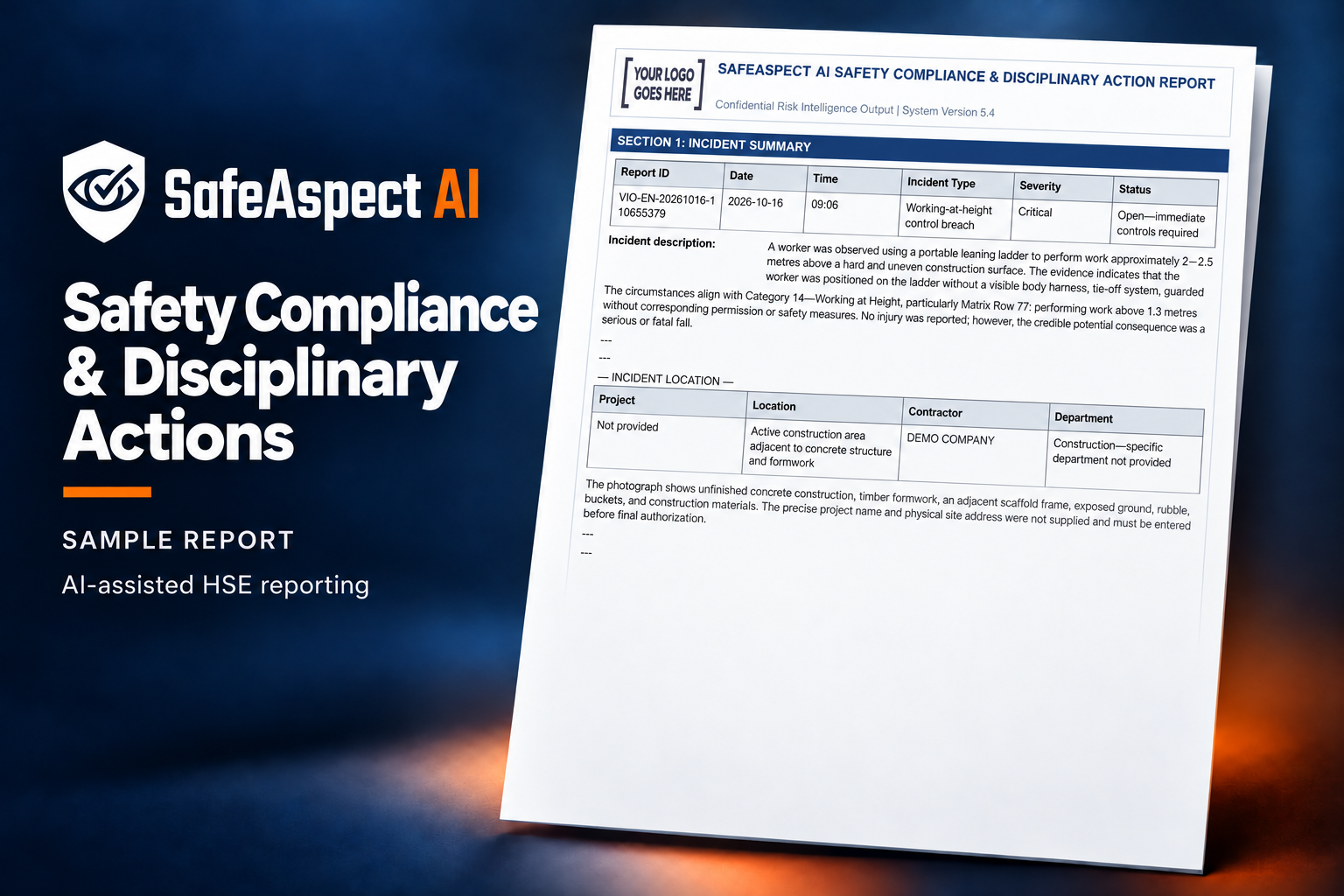 SafeAspect AI Safety Compliance and Disciplinary Actions sample report preview